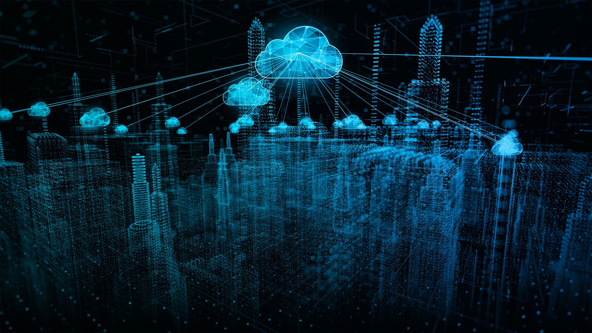 Eine Stadtsilhouette mit einem modernen Rechenzentrum und darüber liegenden Cloud-Computing-Symbolen, die für Technologie, Vernetzung und Architektur stehen